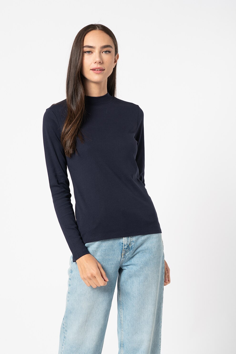 EDC by Esprit, Bluza de bumbac organic cu guler scurt, Bleumarin