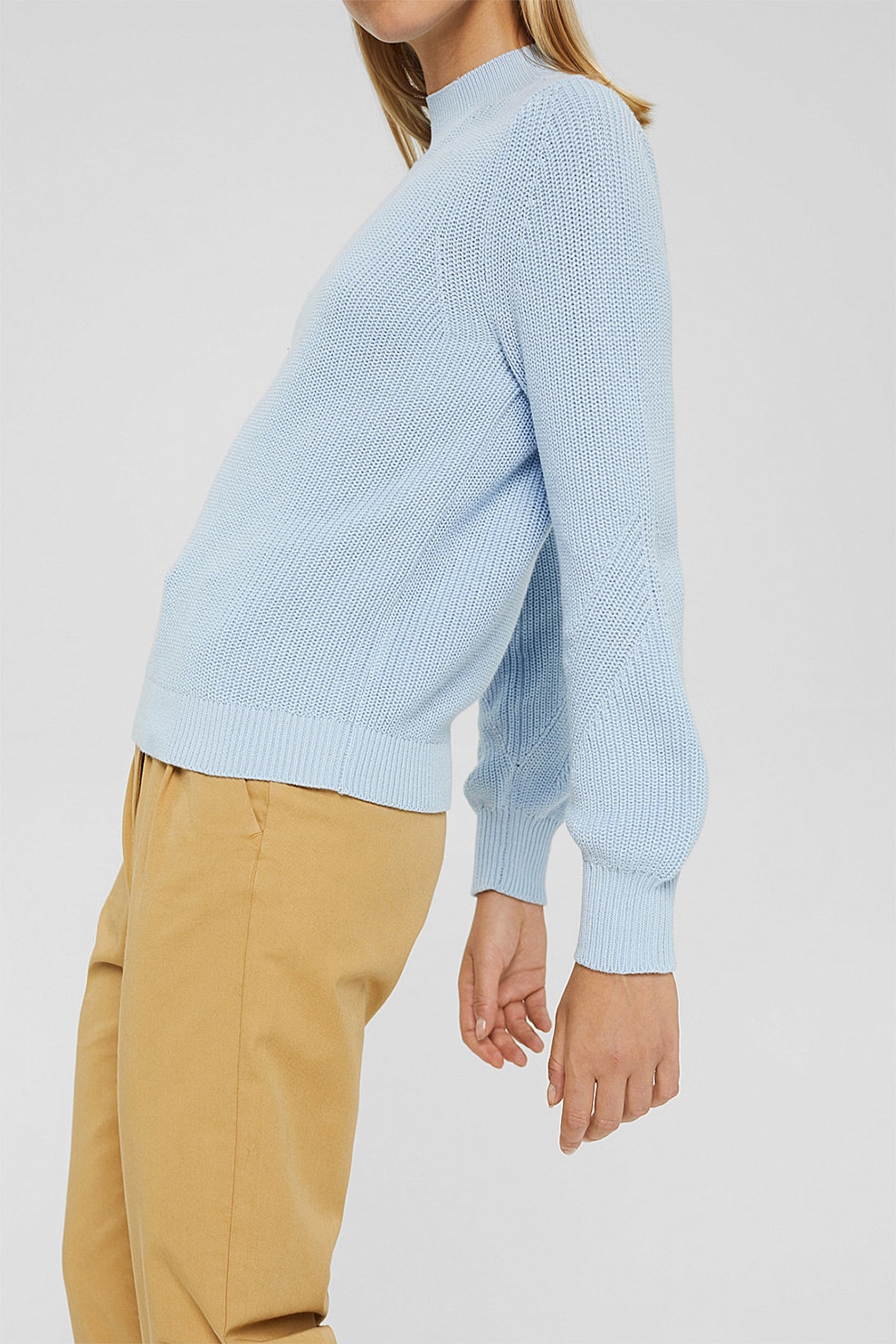 Esprit, Pulover din bumbac organic cu guler scurt, Albastru pastel