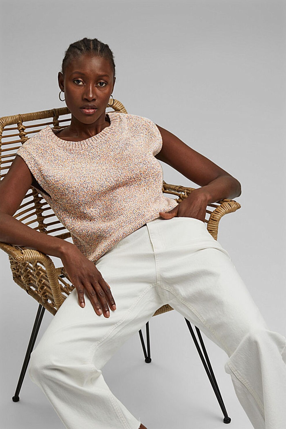 Esprit, Pantaloni din amestec de bumbac organic cu croiala dreapta, Crem