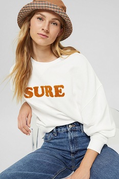 EDC by Esprit, Bluza sport de bumbac organic cu detaliu text, Alb/Ocru EDC by Esprit, Bluza sport de bumbac organic cu detaliu text, Alb/Ocru