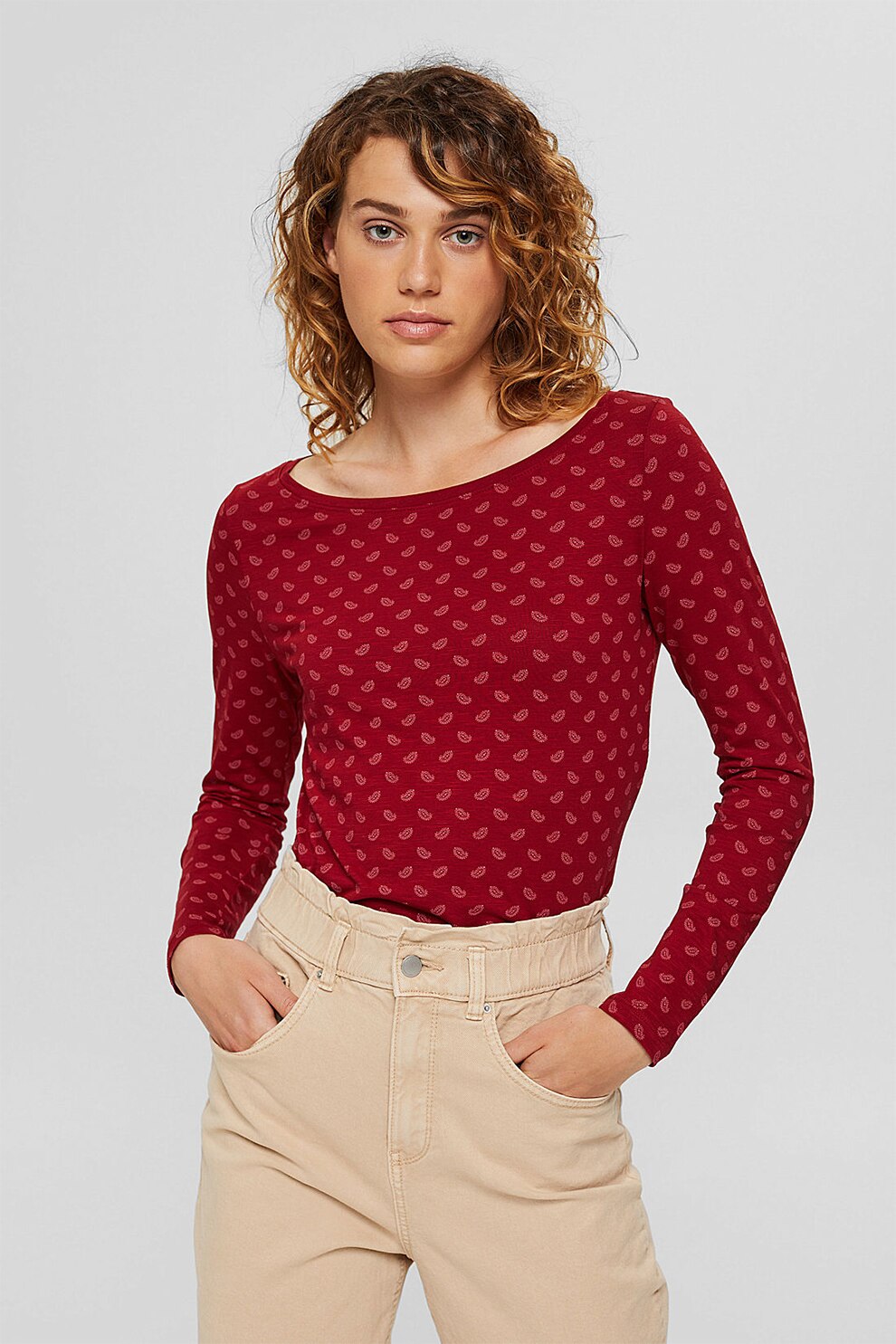 EDC by Esprit, Bluza din bumbac organic cu model, Rosu inchis