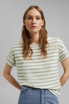 Esprit, Tricou de bumbac organic cu maneci cazute si model in dungi, Verde pal Esprit, Tricou de bumbac organic cu maneci cazute si model in dungi, Verde pal