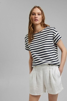 Esprit, Tricou de bumbac organic cu maneci cazute si model in dungi, Bleumarin/Alb Esprit, Tricou de bumbac organic cu maneci cazute si model in dungi, Bleumarin/Alb