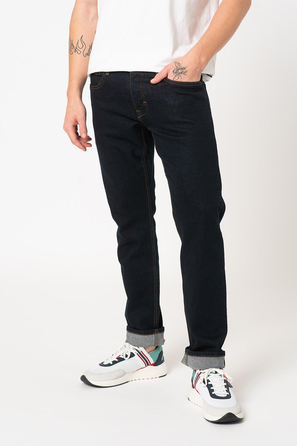 Esprit, Blugi slim fit din amestec de bumbac organic si lyocell, Bleumarin