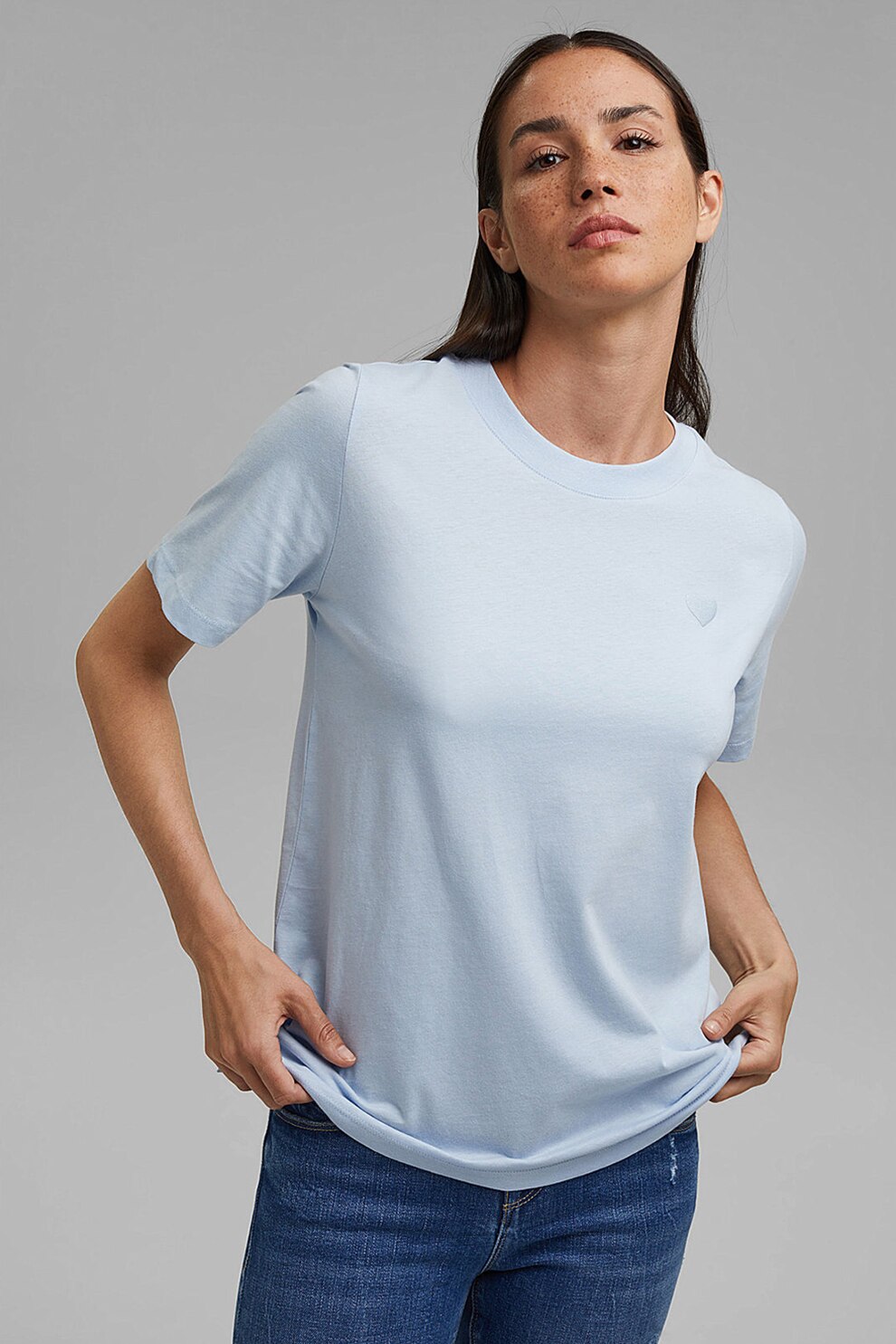 Esprit, Tricou straight fit de bumbac cu decolteu la baza gatului, Albastru deschis, L