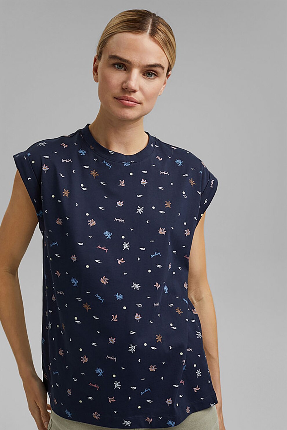 Esprit, Tricou de bumbac organic cu decolteu la baza gatului, Bleumarin