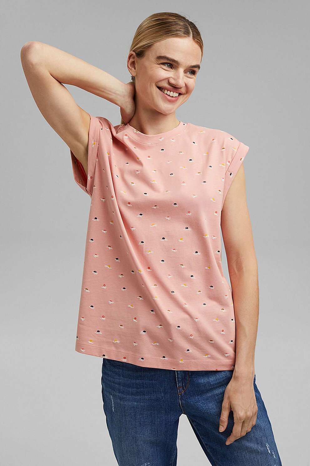 Esprit, Tricou de bumbac organic cu decolteu la baza gatului, Roz