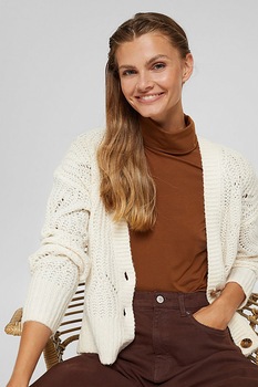 Esprit, Cardigan din amestec de lana si lana alpaca cu nasturi, Alb prafuit Esprit, Cardigan din amestec de lana si lana alpaca cu nasturi, Alb prafuit
