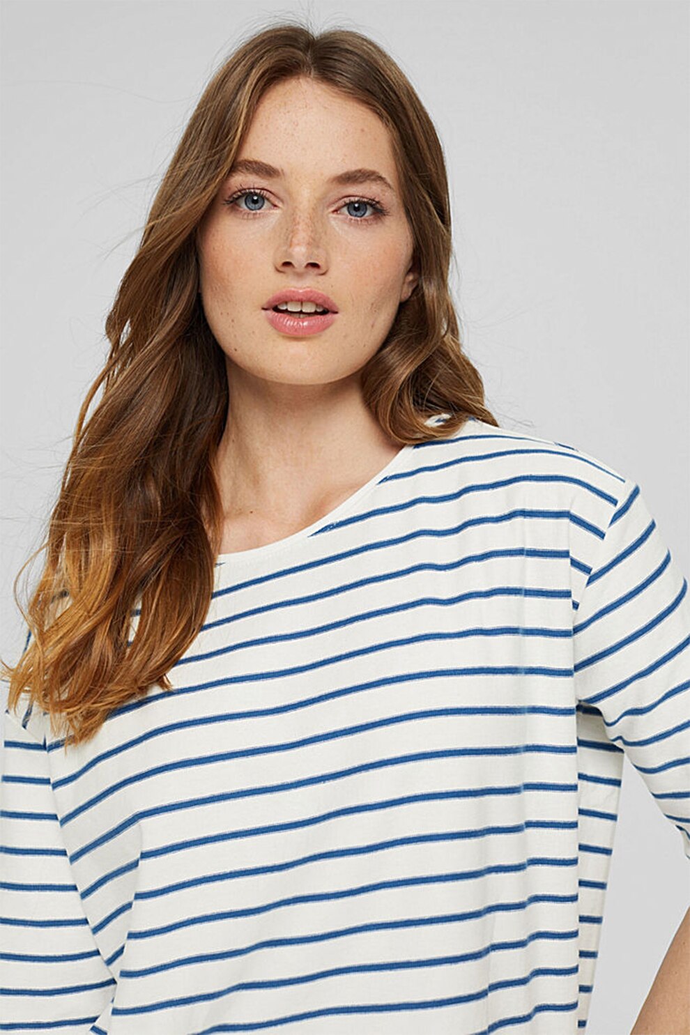 Esprit, Bluza de bumbac organic cu maneci cazute, Alb/Albastru, L