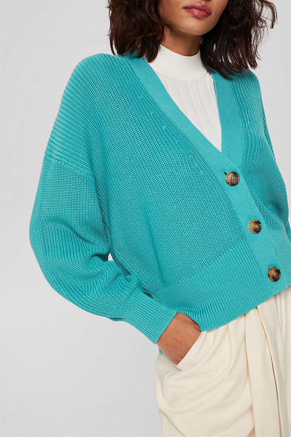 EDC by Esprit, Cardigan din bumbac organic cu aspect striat si decolteu in V, Turcoaz