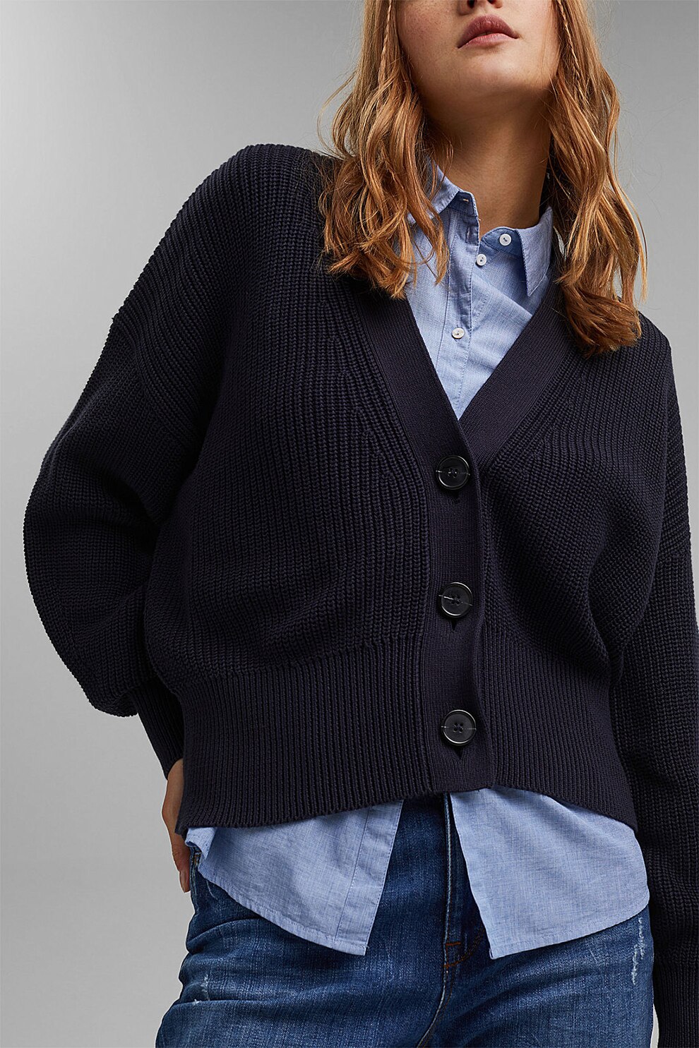 EDC by Esprit, Cardigan din bumbac organic cu aspect striat si decolteu in V, Bleumarin