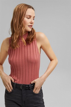 EDC by Esprit, Pulover din amestec de bumbac organic, fara maneci, cu aspect striat, Rosu caramiziu EDC by Esprit, Pulover din amestec de bumbac organic, fara maneci, cu aspect striat, Rosu caramiziu