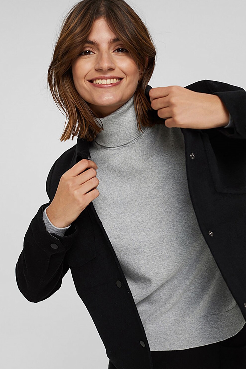 Esprit, Pulover din amestec de bumbac organic cu guler inalt, Gri deschis