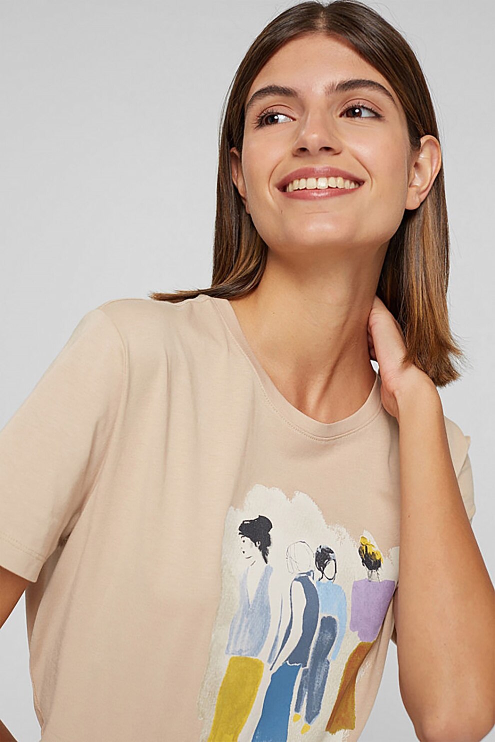 Esprit, Tricou de bumbac organic cu imprimeu grafic, Bej