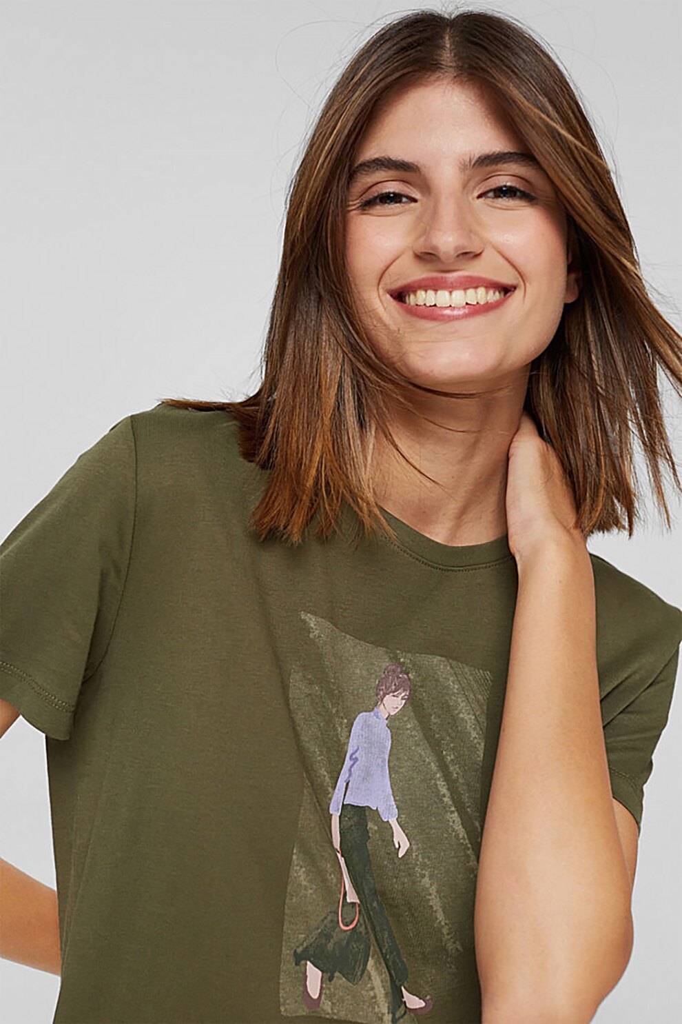 Esprit, Tricou de bumbac organic cu imprimeu grafic, Kaki