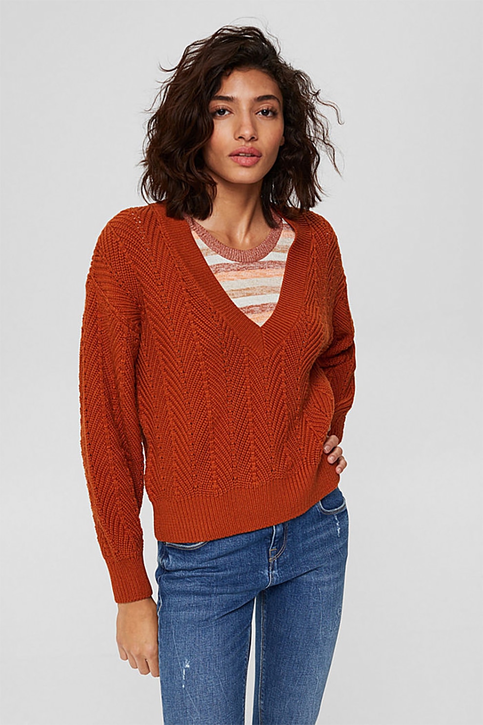 EDC by Esprit, Pulover texturat cu decolteu in V, Oranj stins