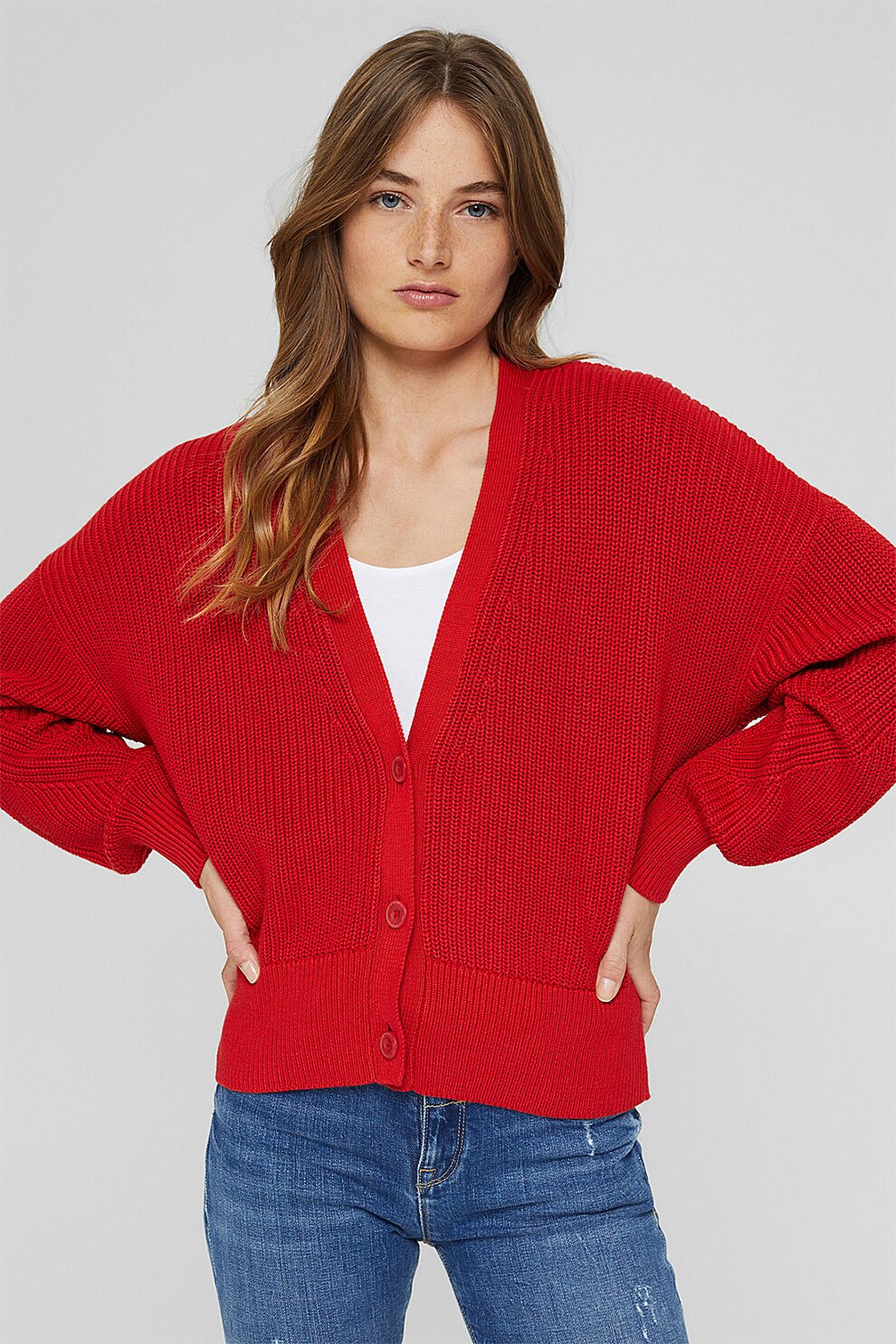 Esprit, Cardigan de bumbac organic cu decolteu in V, Rosu