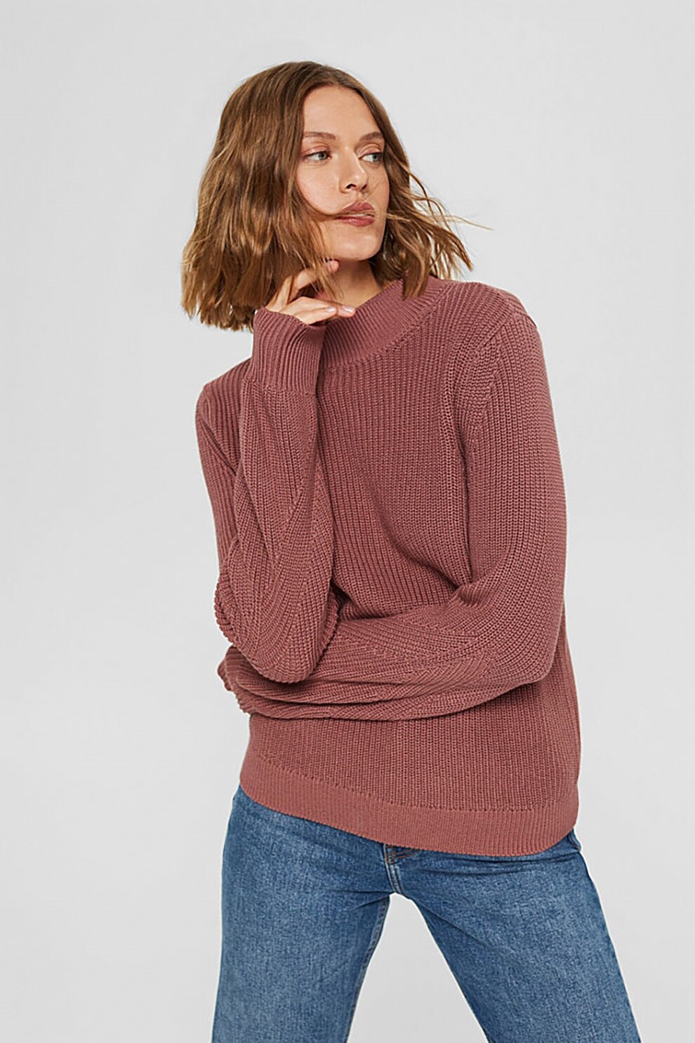 Esprit, Pulover din bumbac organic cu guler scurt, Roz prafuit