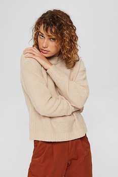 EDC by Esprit, Pulover din amestec de lana cu decolteu la baza gatului, Bej deschis EDC by Esprit, Pulover din amestec de lana cu decolteu la baza gatului, Bej deschis