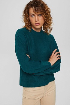 EDC by Esprit, Pulover din amestec de lana cu decolteu la baza gatului, Verde persan EDC by Esprit, Pulover din amestec de lana cu decolteu la baza gatului, Verde persan