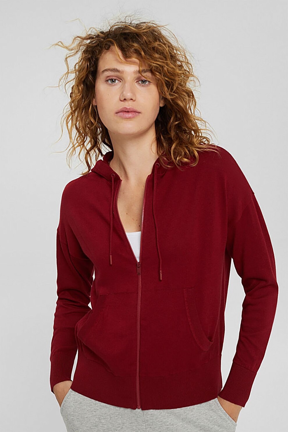 EDC by Esprit, Hanorac cu fermoar si maneci cazute, Rosu inchis