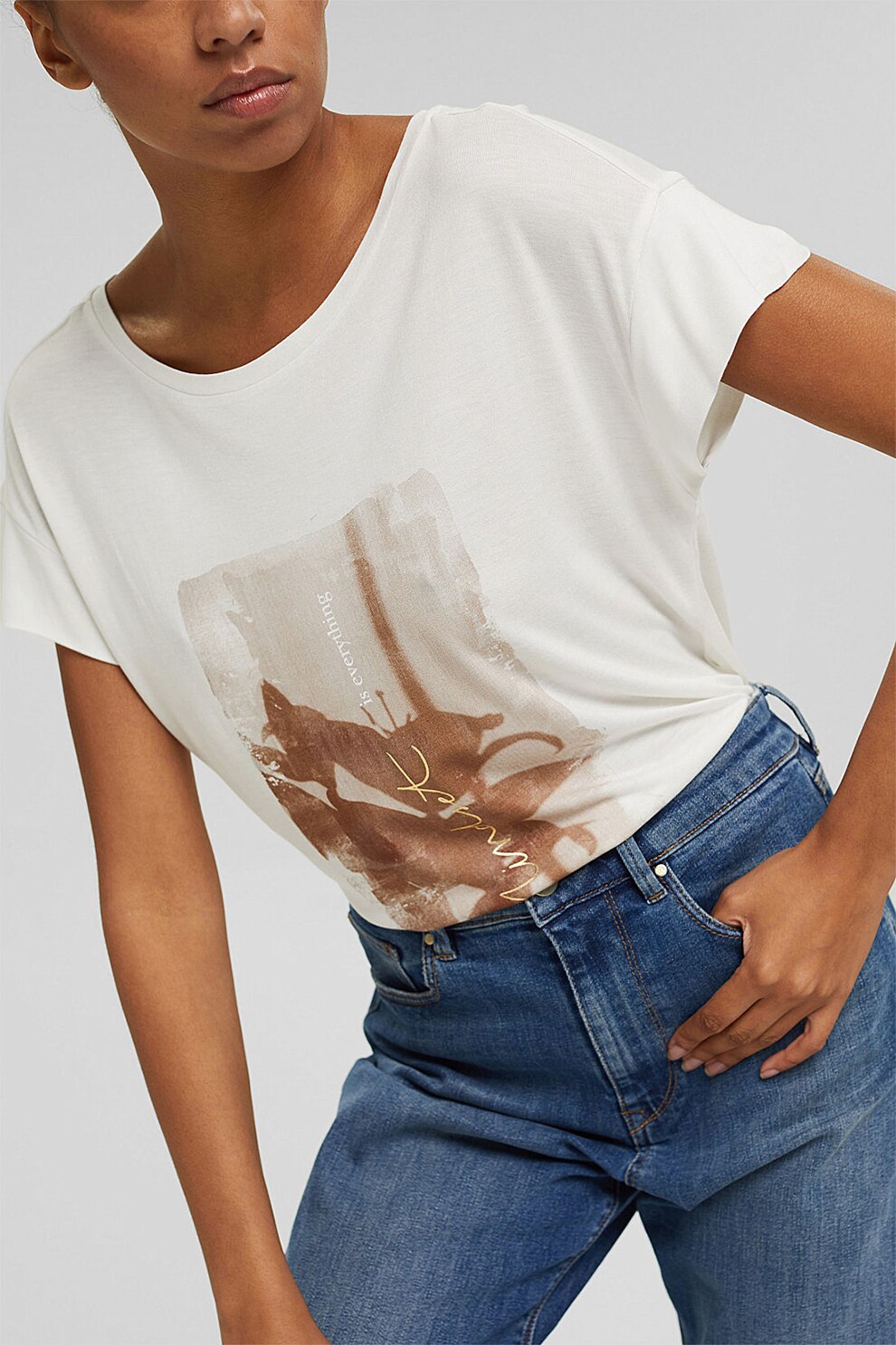 Esprit, Tricou lejer cu decolteu rotund si imprimeu grafic, Alb
