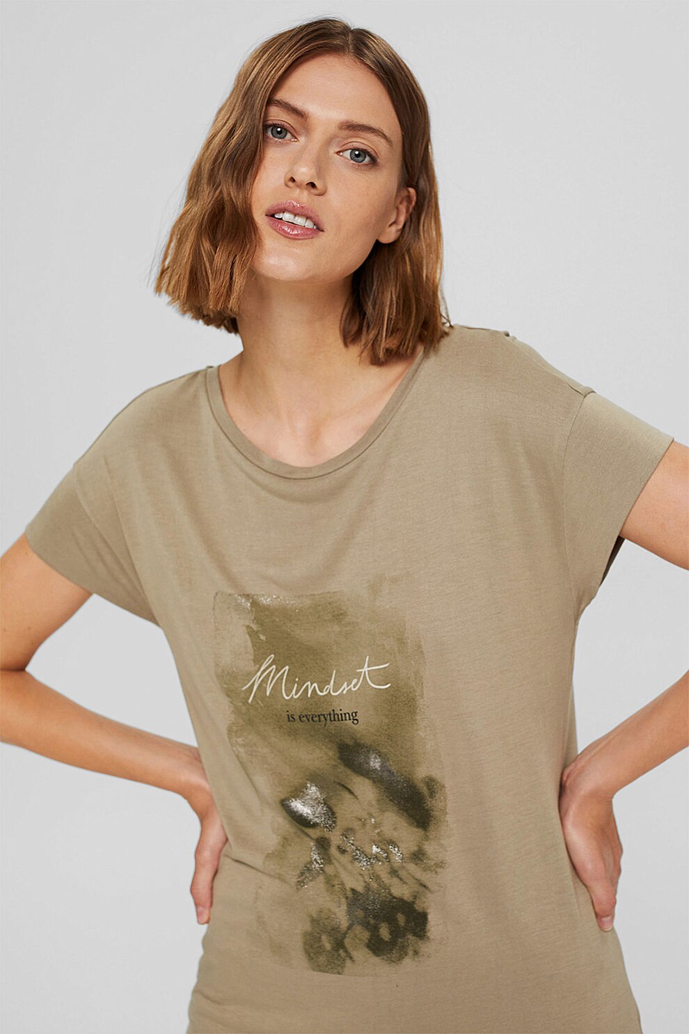 Esprit, Tricou lejer cu decolteu rotund si imprimeu grafic, Taupe