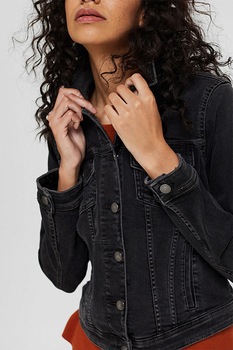EDC by Esprit, Jacheta tailored fit din denim cu aspect crop, Negru, M EDC by Esprit, Jacheta tailored fit din denim cu aspect crop, Negru, M