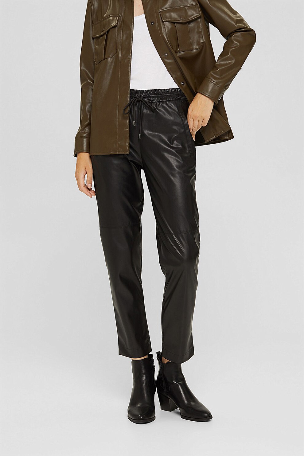 Esprit, Pantaloni crop cu aspect de piele si snur de ajustare, Negru