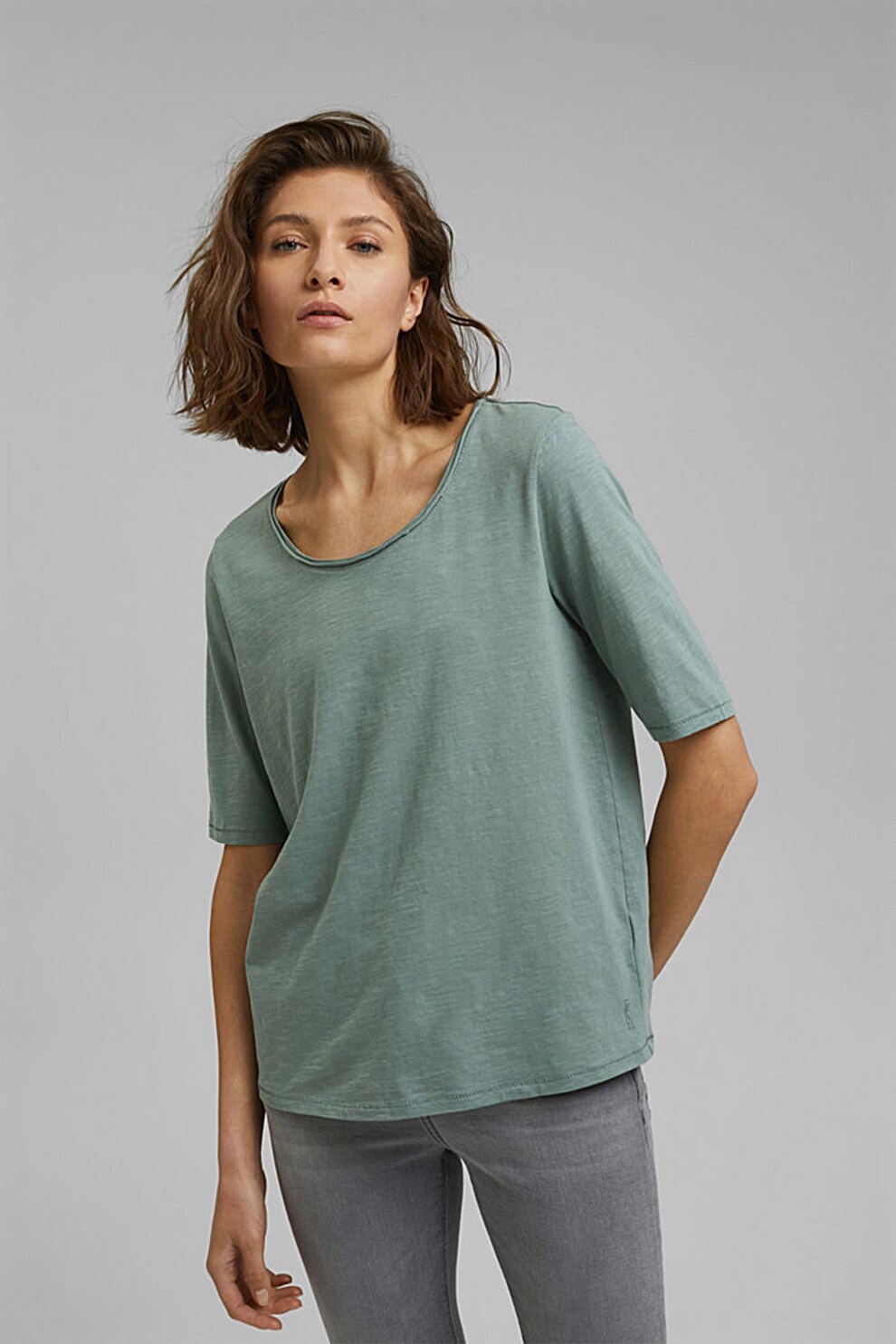 Esprit, Tricou lejer de bumbac organic, Verde persan