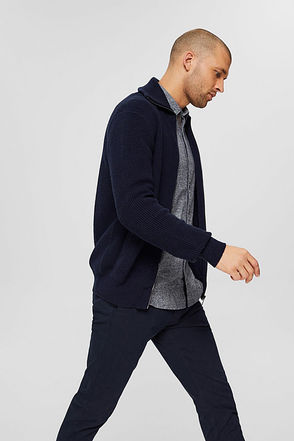 Esprit, Cardigan din amestec de bumbac organic cu lana cu fermoar, Bleumarin