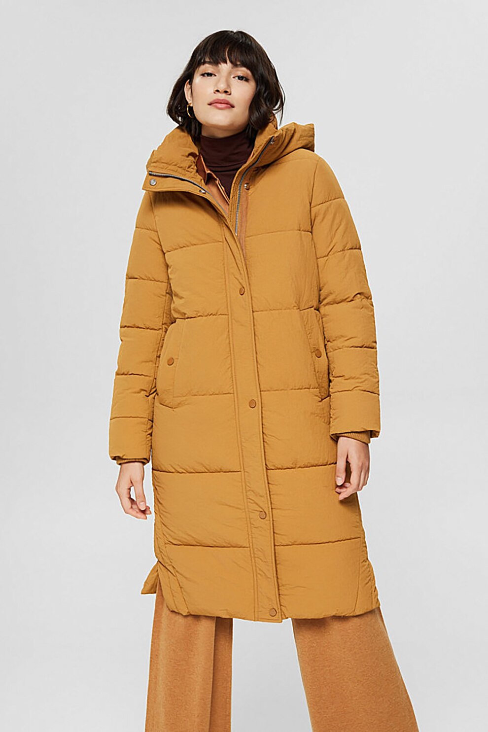 Esprit, Geaca lunga cu gluga, vatelina si aspect matlasat, Ocru
