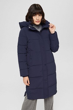 Esprit, Geaca lunga cu gluga, vatelina si aspect matlasat, Bleumarin Esprit, Geaca lunga cu gluga, vatelina si aspect matlasat, Bleumarin