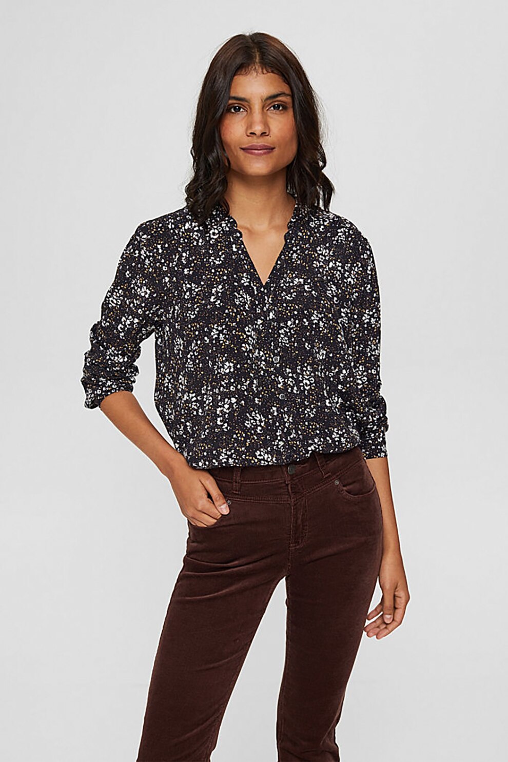 Esprit, Camasa cu model floral, Negru/Alb/Galben