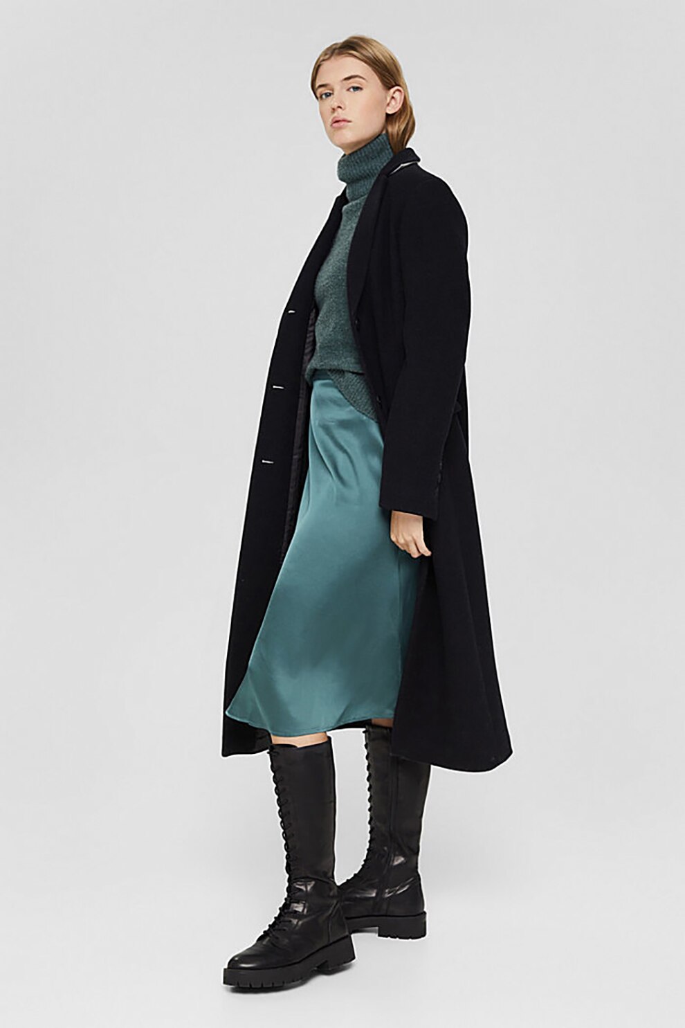 Esprit, Fusta de satin cu talie inalta, Verde persan