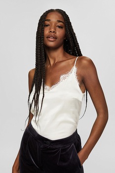 Esprit, Top de satin cu insertii de dantela, Alb Esprit, Top de satin cu insertii de dantela, Alb
