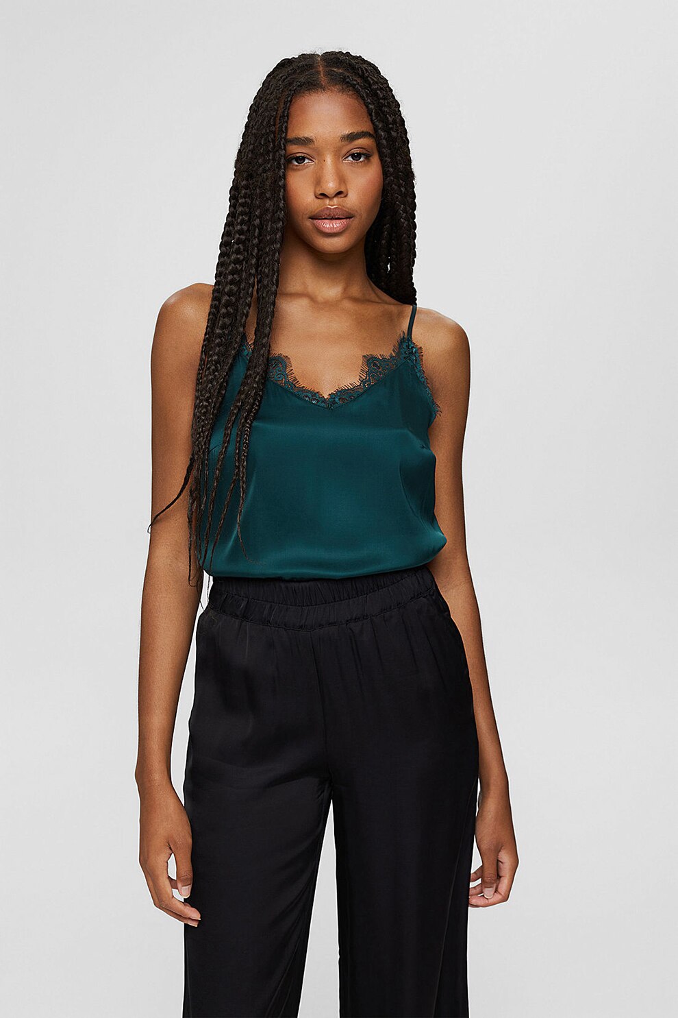 Esprit, Top de satin cu insertii de dantela, Verde inchis