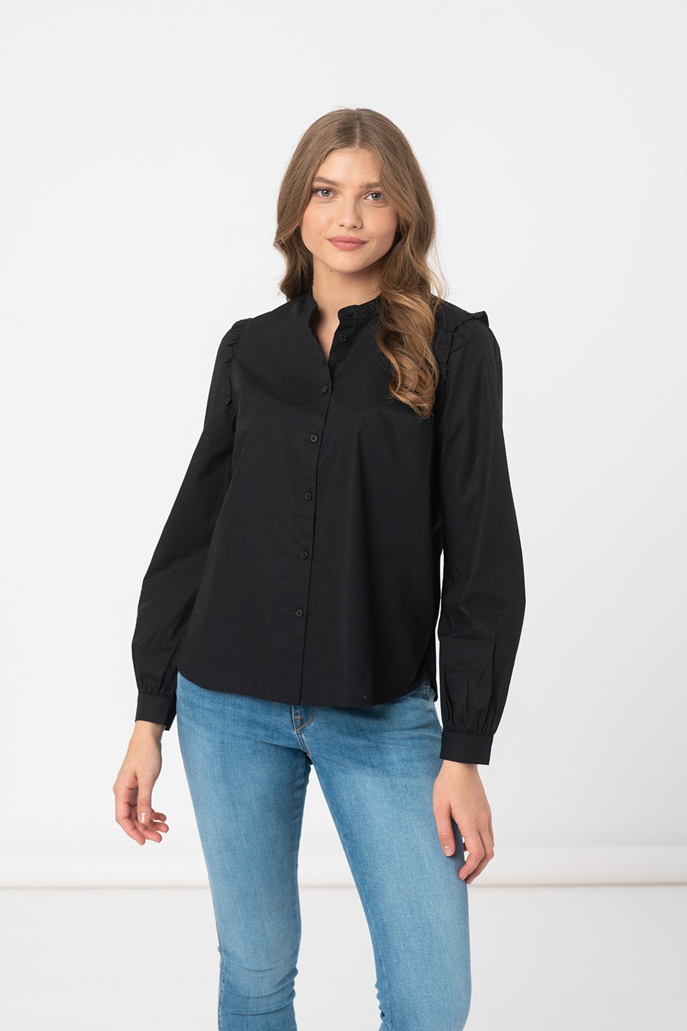 Esprit, Camasa de bumbac cu guler Mao, Negru