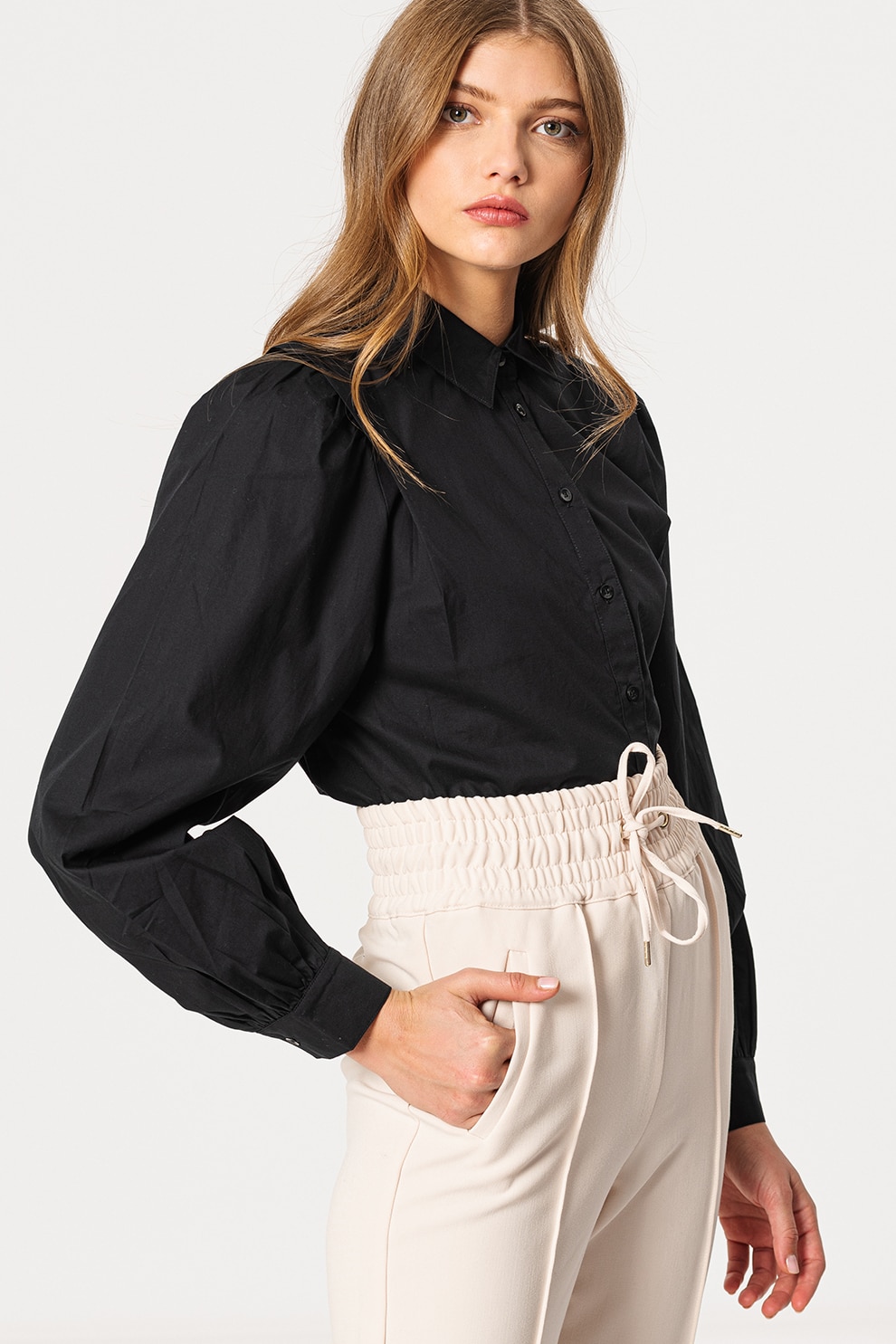 Esprit, Camasa de bumbac organic cu maneci bufante, Negru