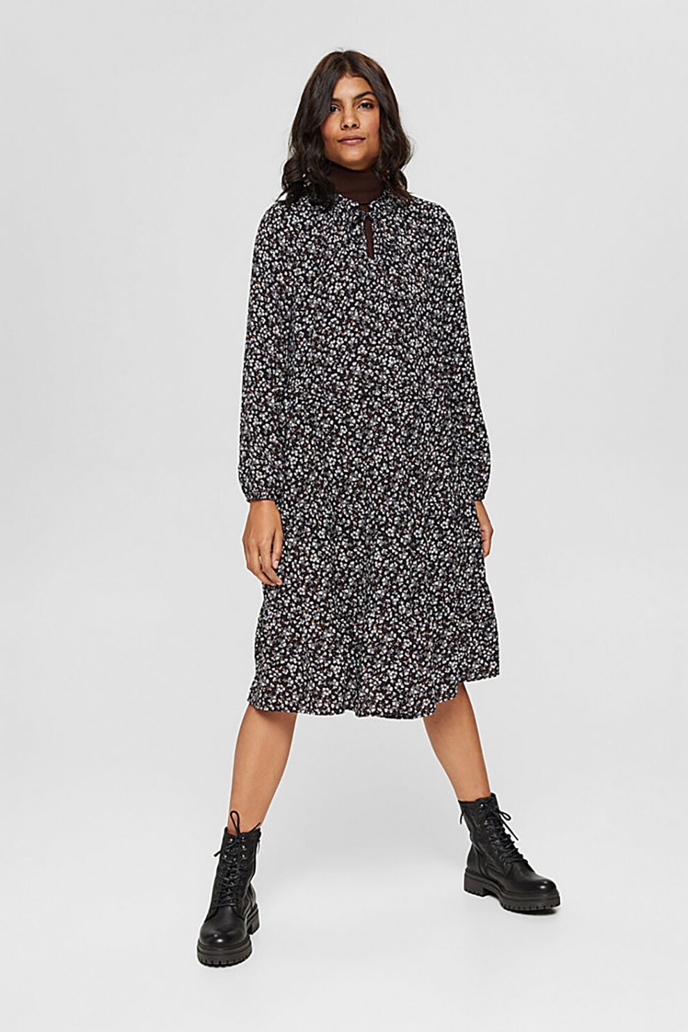 Esprit, Rochie midi lejera cu model floral, Negru/Alb