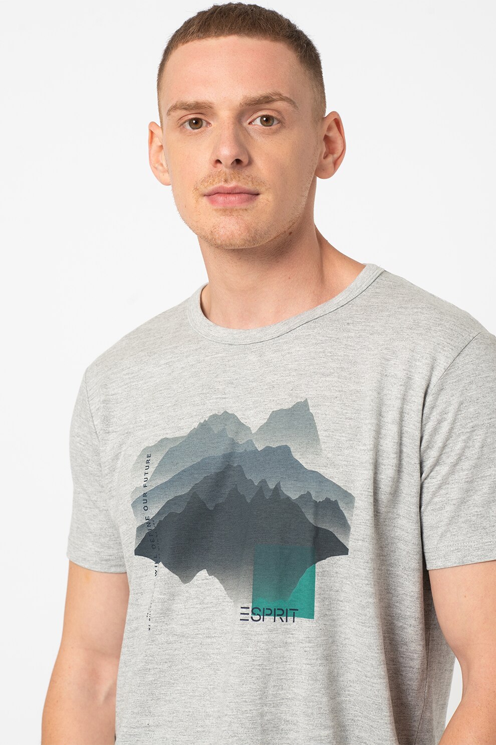 Esprit, Tricou din amestec de bumbac organic cu imprimeu, gri melange, S