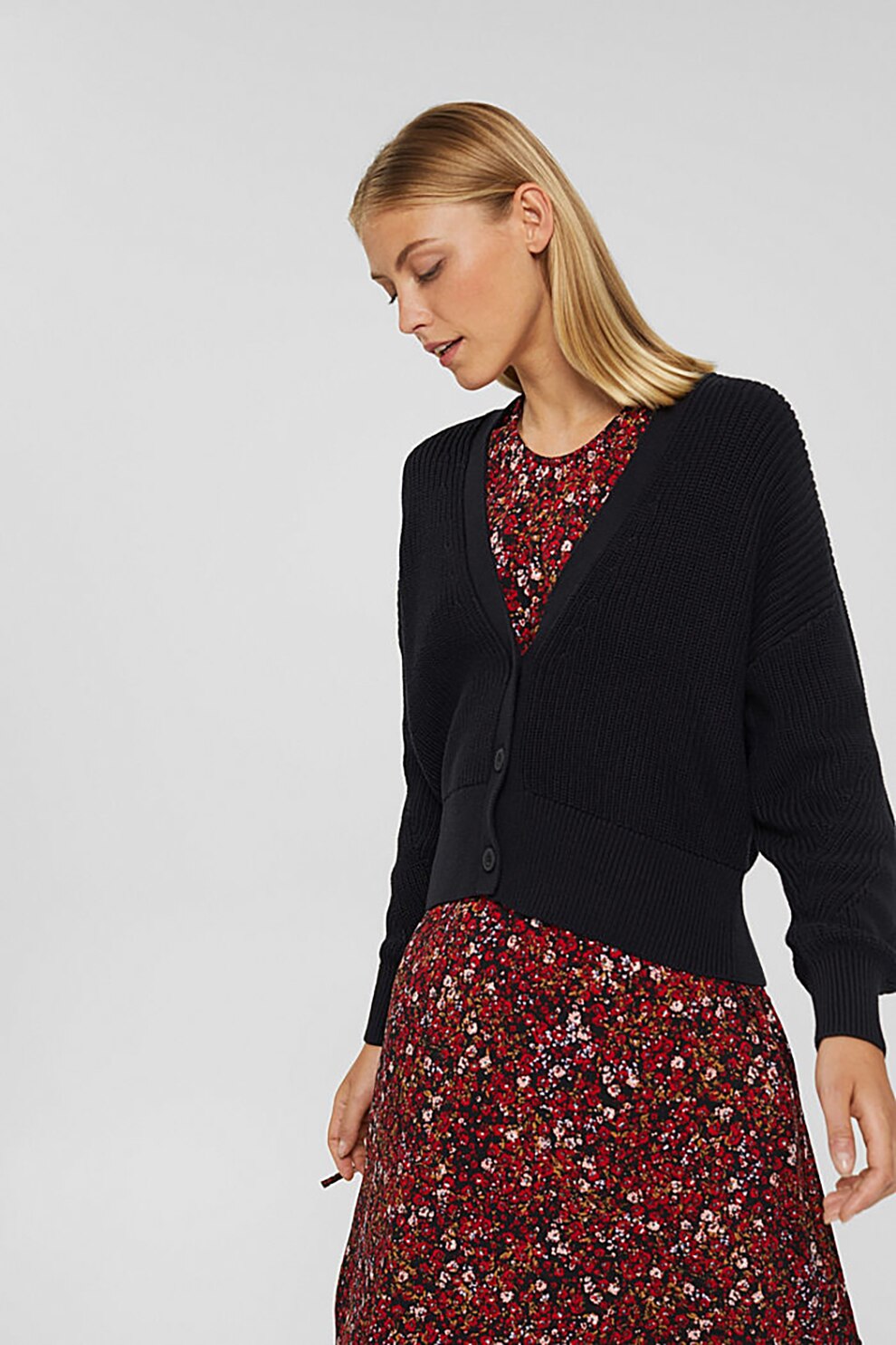 Esprit, Cardigan de bumbac organic cu decolteu in V, Negru