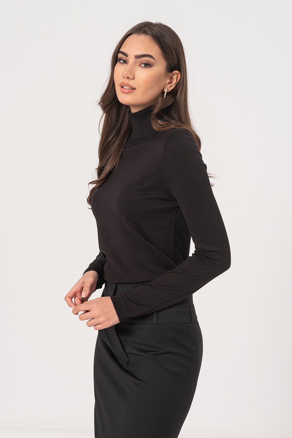 Esprit, Pulover tricotat fin cu guler inalt, Negru