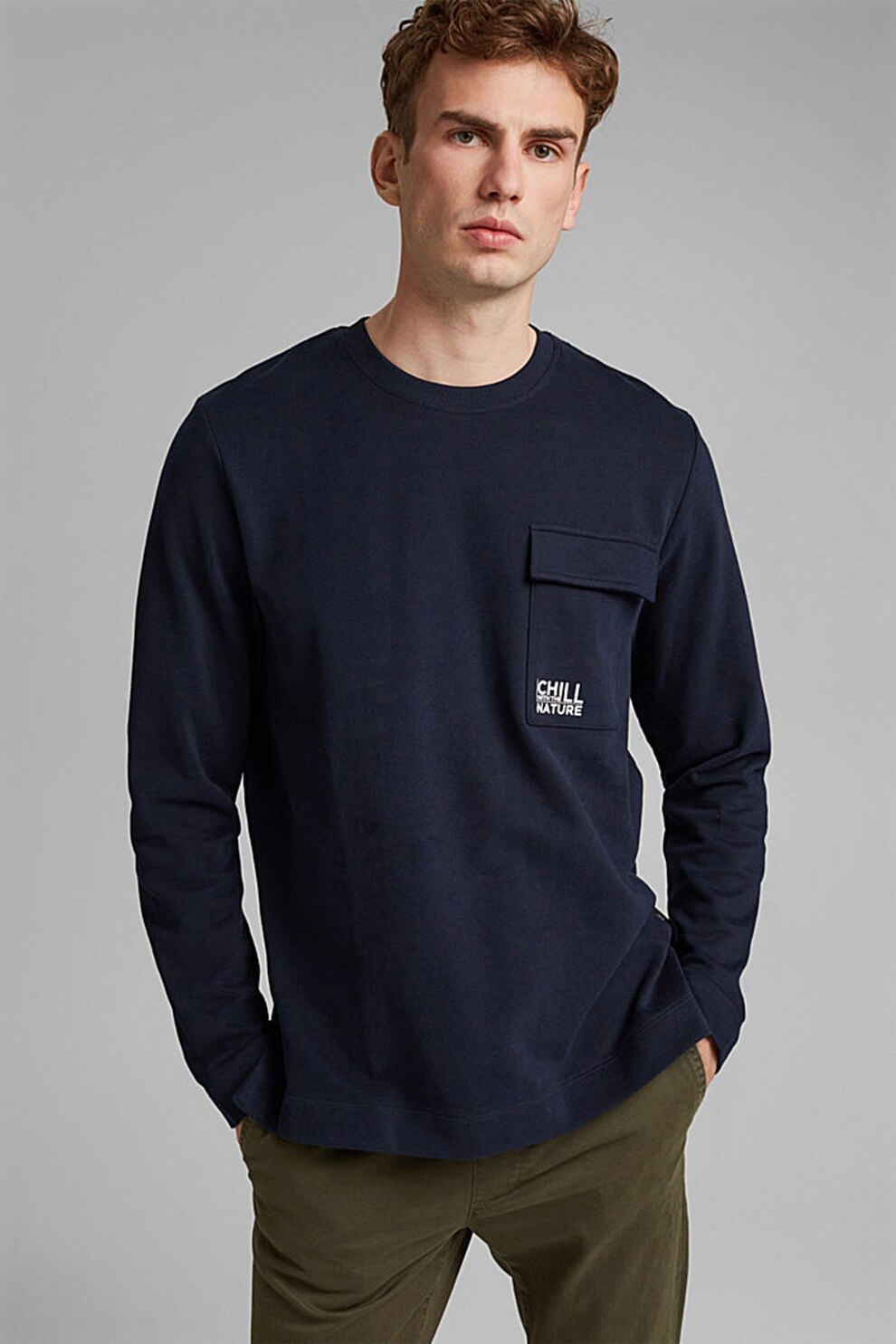 EDC by Esprit, Bluza sport de bumbac cu buzunar pe piept, Bleumarin, S