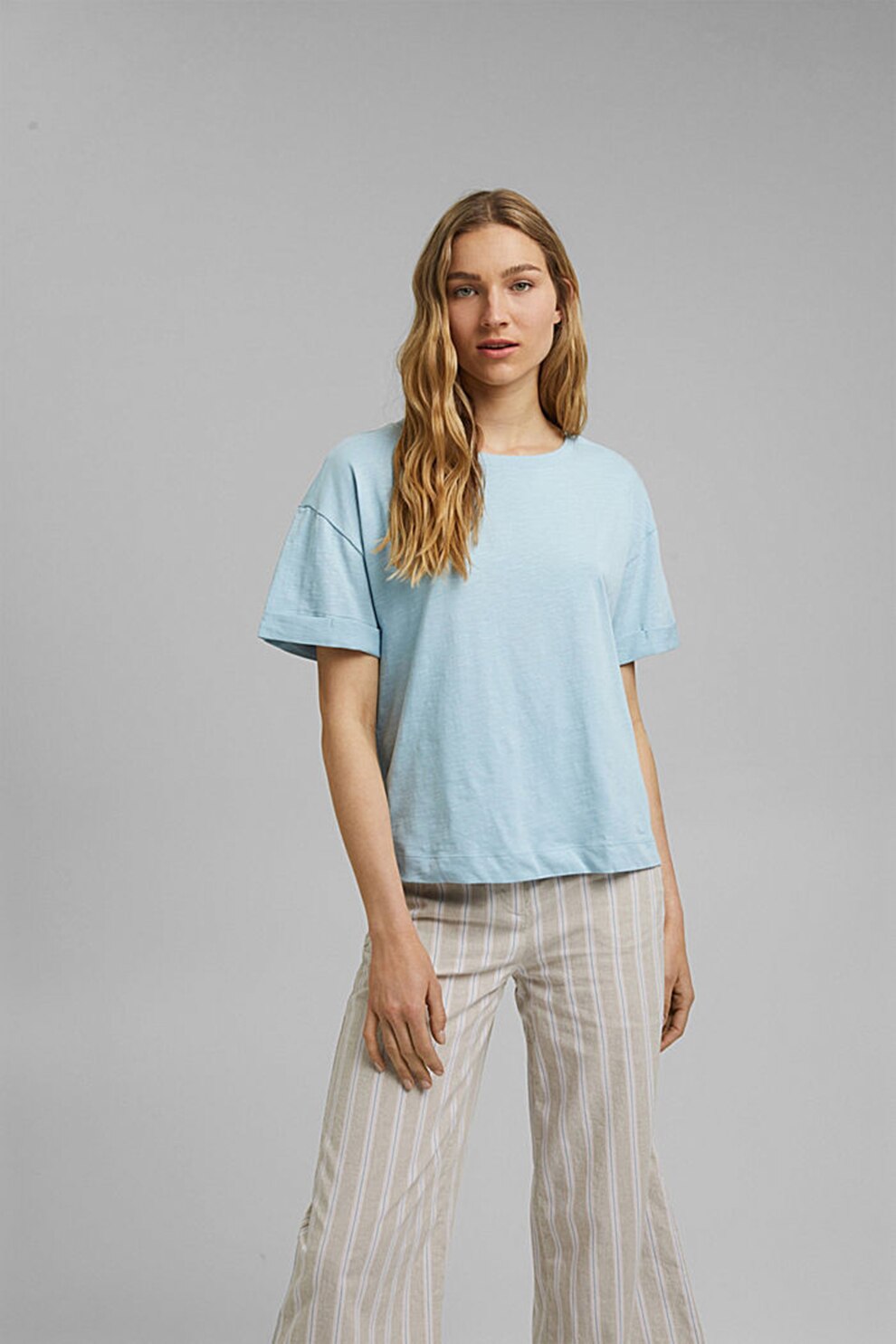 EDC by Esprit, Tricou de bumbac organic cu maneci cazute, Albastru aqua