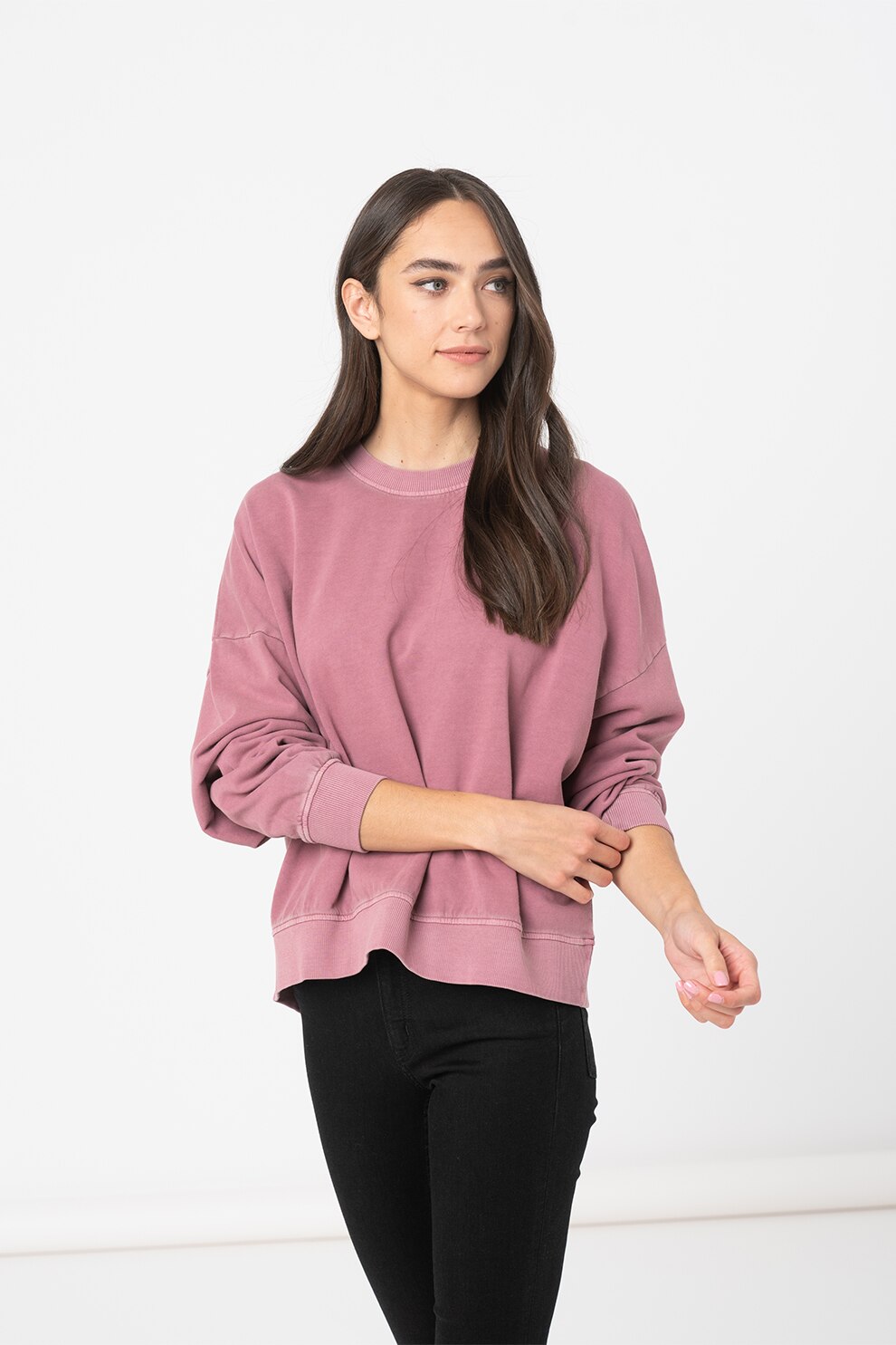 Esprit, Bluza sport de bumbac organic cu decolteu la baza gatului, Roz prafuit