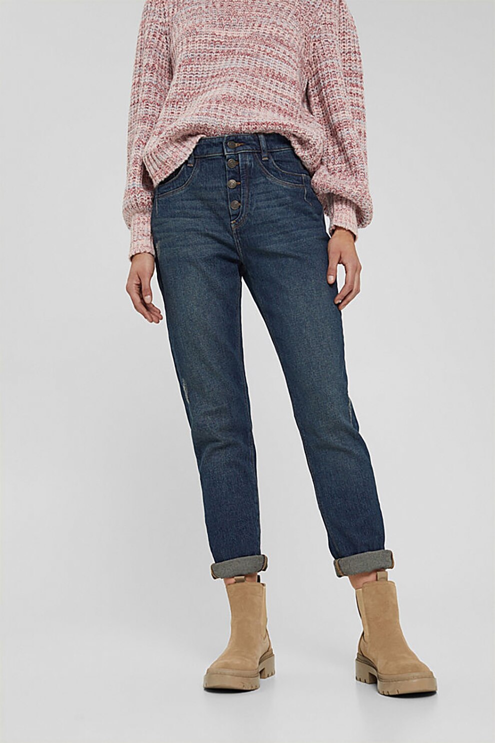 Esprit, Blugi mom fit de bumbac organic, Albastru inchis