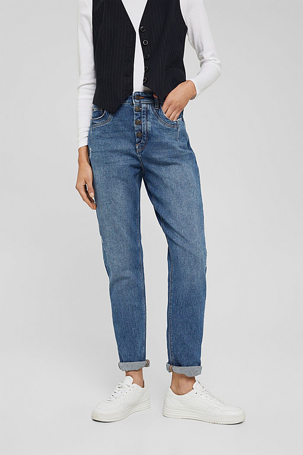 Esprit, Blugi mom fit de bumbac organic, Albastru