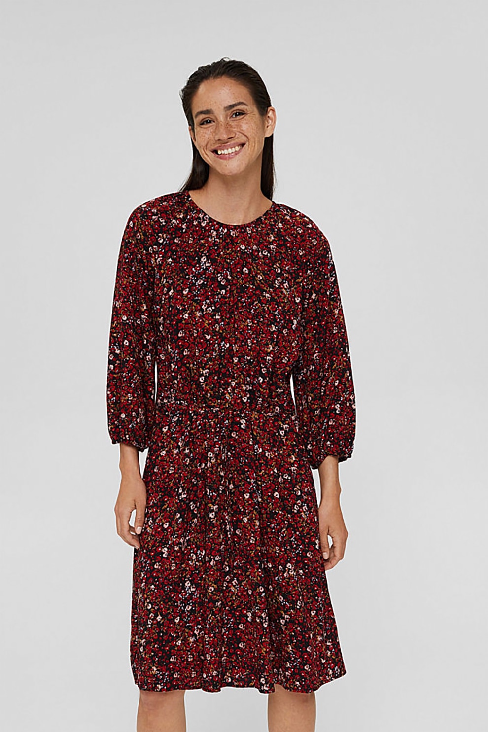 Esprit, Rochie cambrata cu imprimeu floral, Rosu/Negru/Alb