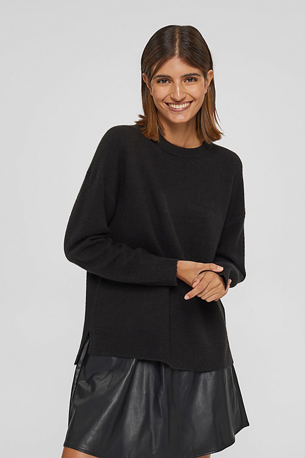 Esprit, Pulover relaxed fit din amestec de lana cu maneci cazute, Negru